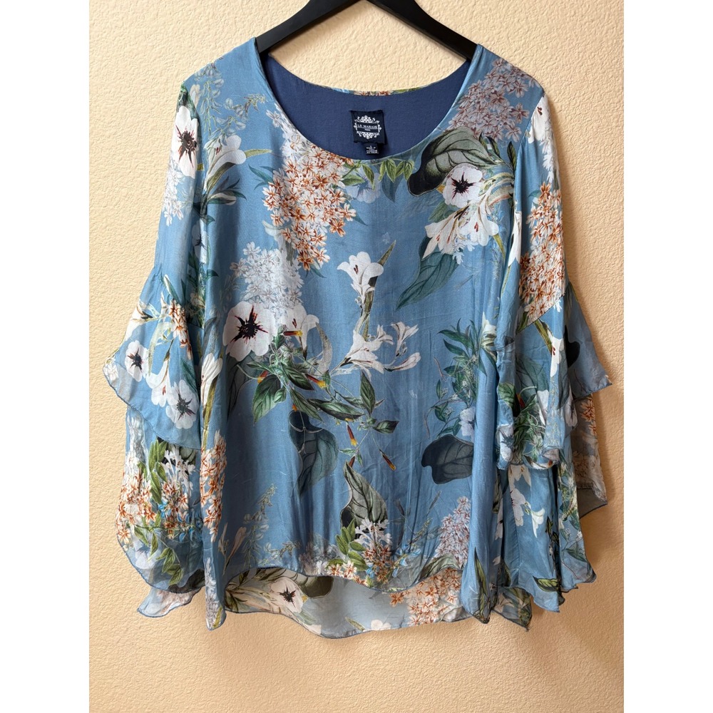 Le Marais Paris Silk Floral Tiered Ruffle Bell Sleeve Blouse Made In Italy Small